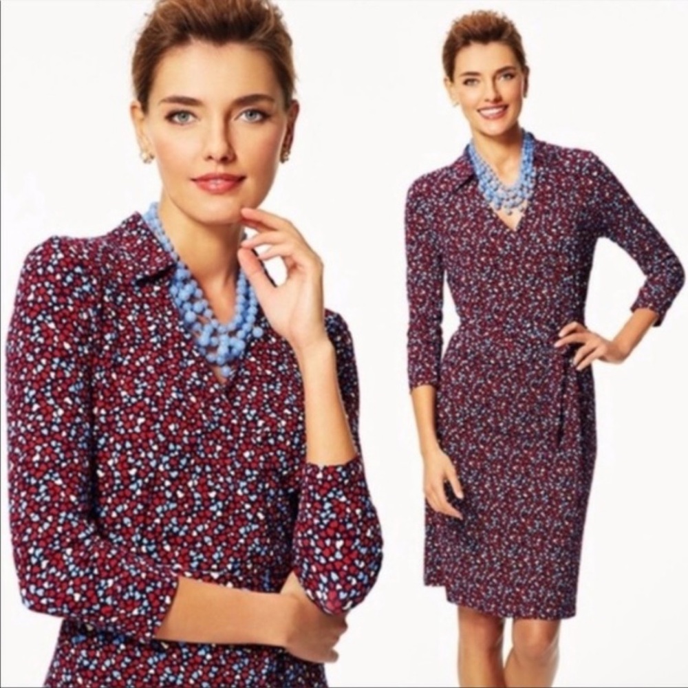 TALBOTS HEARTS PH2807 FAUX WRAP 3/4 SLEEVE STRETCH BELTED VALENTINE DRESS